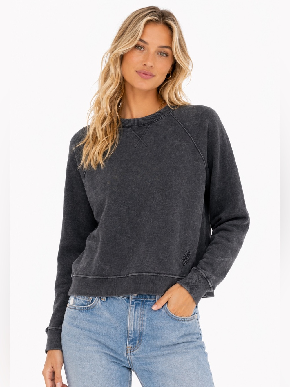 Free People Movement Size Small Oversized Distressed Black Crewneck Sweatshirt